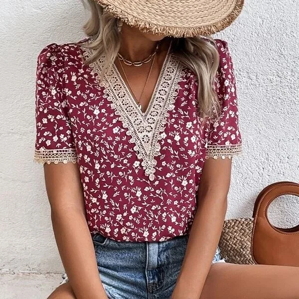 

Summer Women's Sweet Floral Print Lace Hollow out V-Ne ort Sve irt Street Sle Blouse for Holiday Casual Wear
