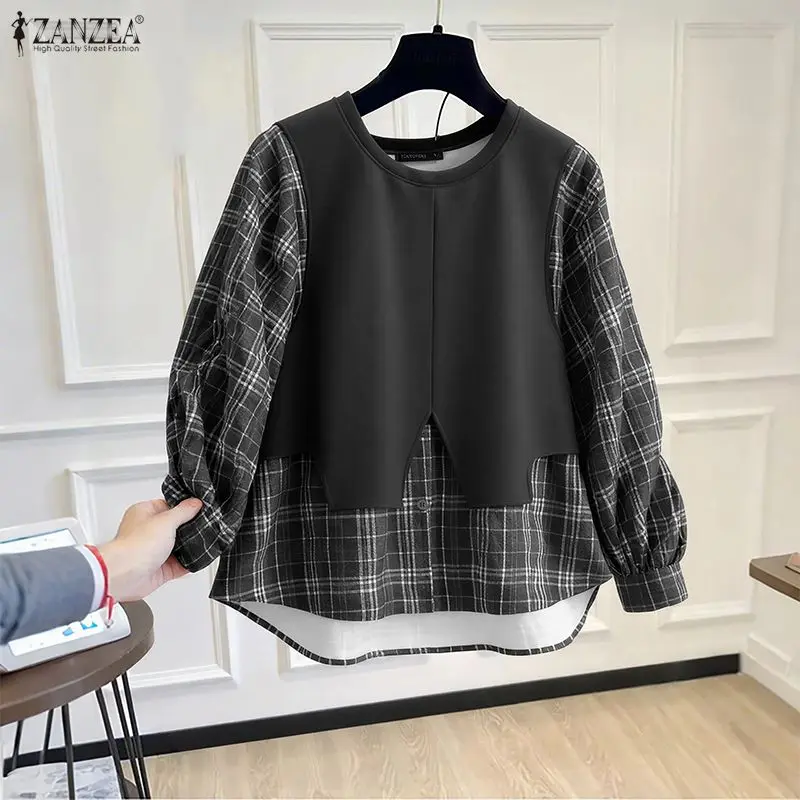ZANZEA Vintage Plaid Bluse Frauen Langarm Patchwork Casual Shirts 2026 Frühling Herbst Mode Oansatz Lose Blusas Femininas