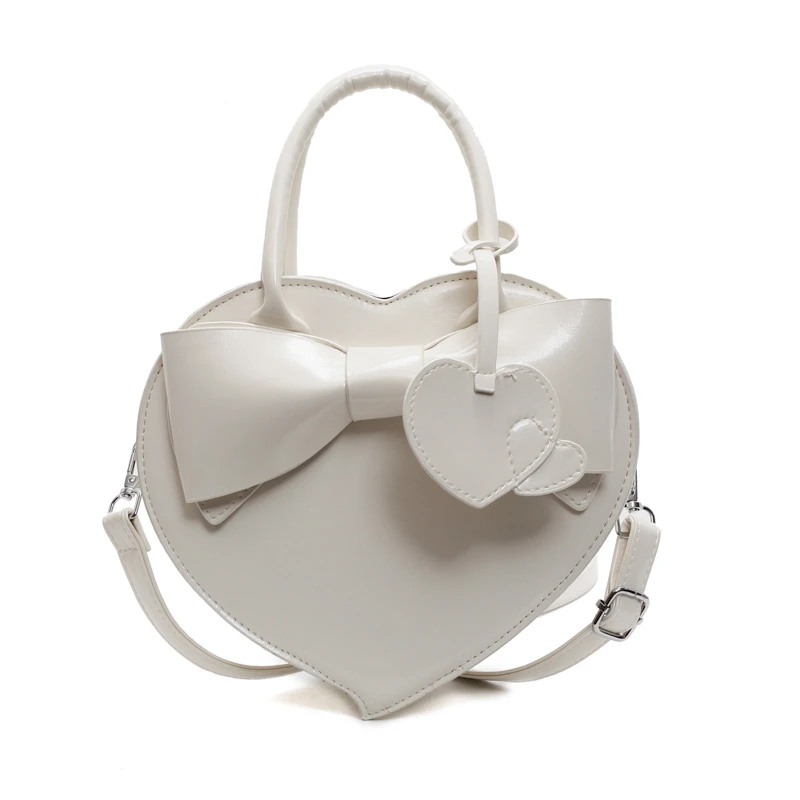 Kawaii Girls Bow Knot Handbag Japanese Lolita Heart Shape PU Leather Crossbody Shoulder Bag For Women Pink Small Top Handle Bag