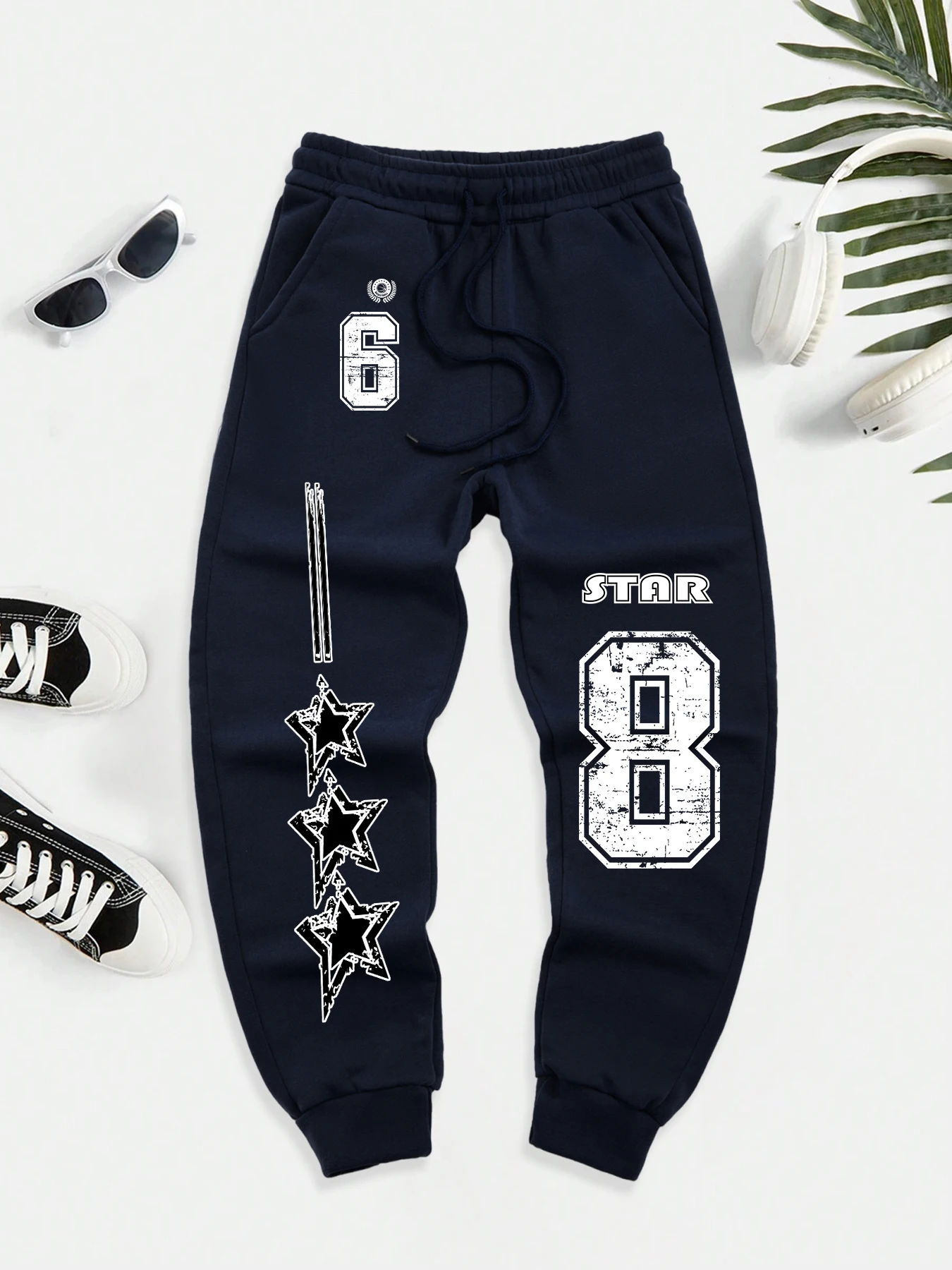 

Star Number 86 Print 10 Colors Drawstring Pant Men Pocket Fleece Trousers Trendy Elastic Waist Sportpants Street Autumn Britches