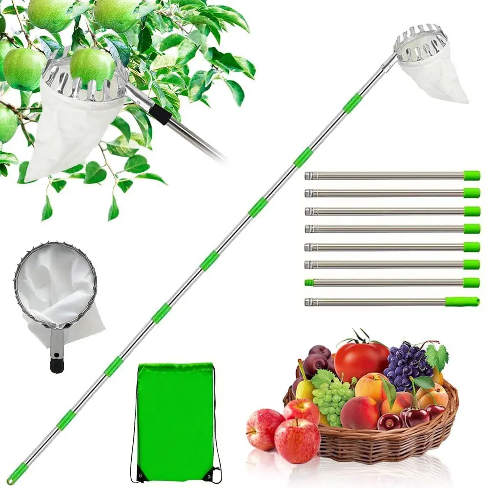 Récolteuse de fruits de jardin avec manche télescopique, récolteuse de pommes de 3,2 m de long, outil de récolte de fruits à 8 sections avec sac de rangement à cordon pour pommes, oranges et pêches.