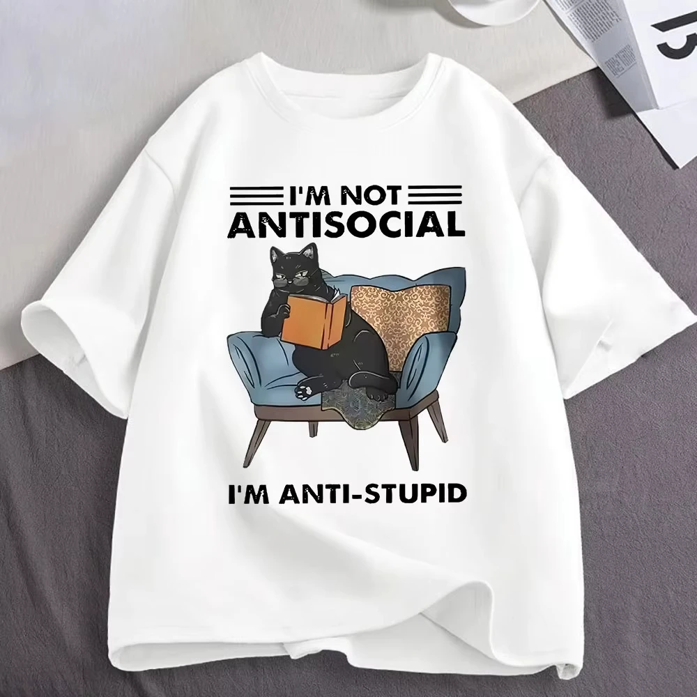 I Am Not Anti Social Funny Cat Graphic Printed T Shirt Men's Women Clothing Cotton Oversized Short Sleeve T-shirts Streetwear