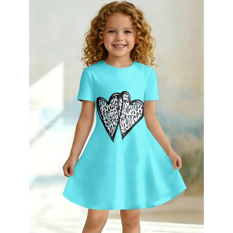 3D-Kleid mit süßem Aufdruck für junge Mädchen, kurzärmeliges A-Linien-Kleid mit Rundhalsausschnitt für Kinderpartys, geeignet für Geburtstagsgeschenke