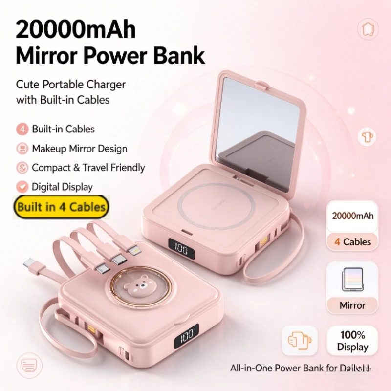 Cute Mini Power Bank 20000mAh with Makeup Mirror Built in 4 Cable Portable Charger Powerbank for iPhone 16 Samsung Xiaomi Huawei