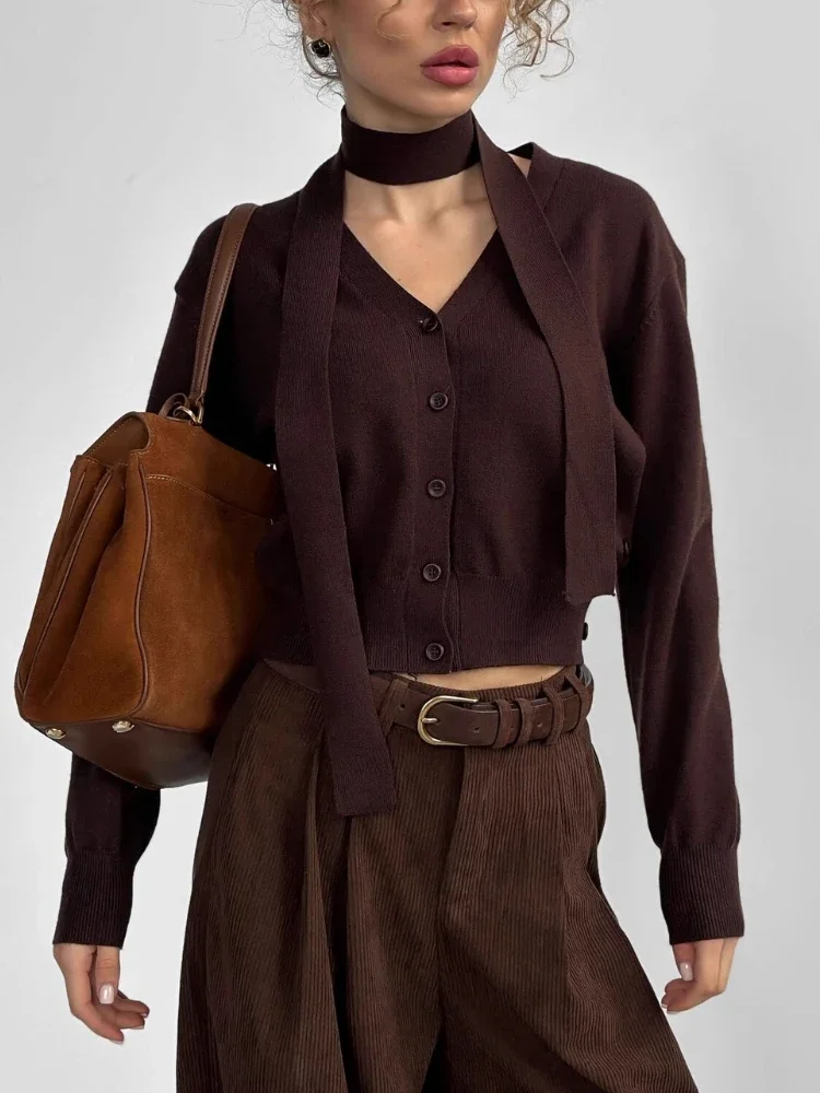 

2025 Commuting Lace-Up Knit Sweater Cardigan For Women V Neck Tapered Waist Solid Fashion Top Clothes Female Knitwear Cardigan