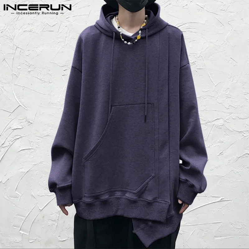 INCERUN Men Irregular Hoodies Solid Color Hooded Long Sleeve Loose Korean Casual Sweatshirts Streetwear 2024 Fashion Pullovers