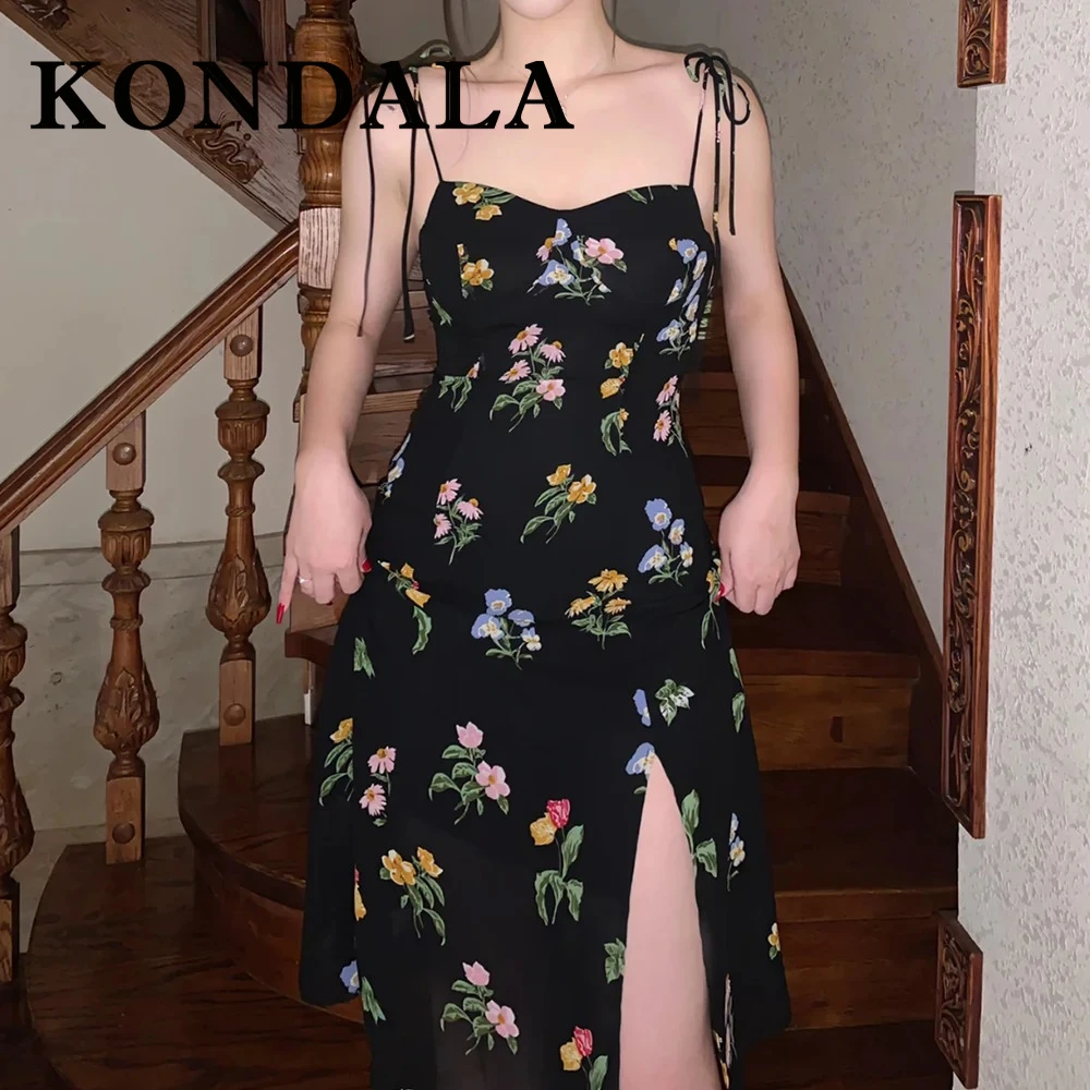 KONDALA Chic Print Floral Women Dress Cami Asymmetrical Sexy Beach Split Midi Dress Slim Fashion 2025 Summer Female Sexy Vestido