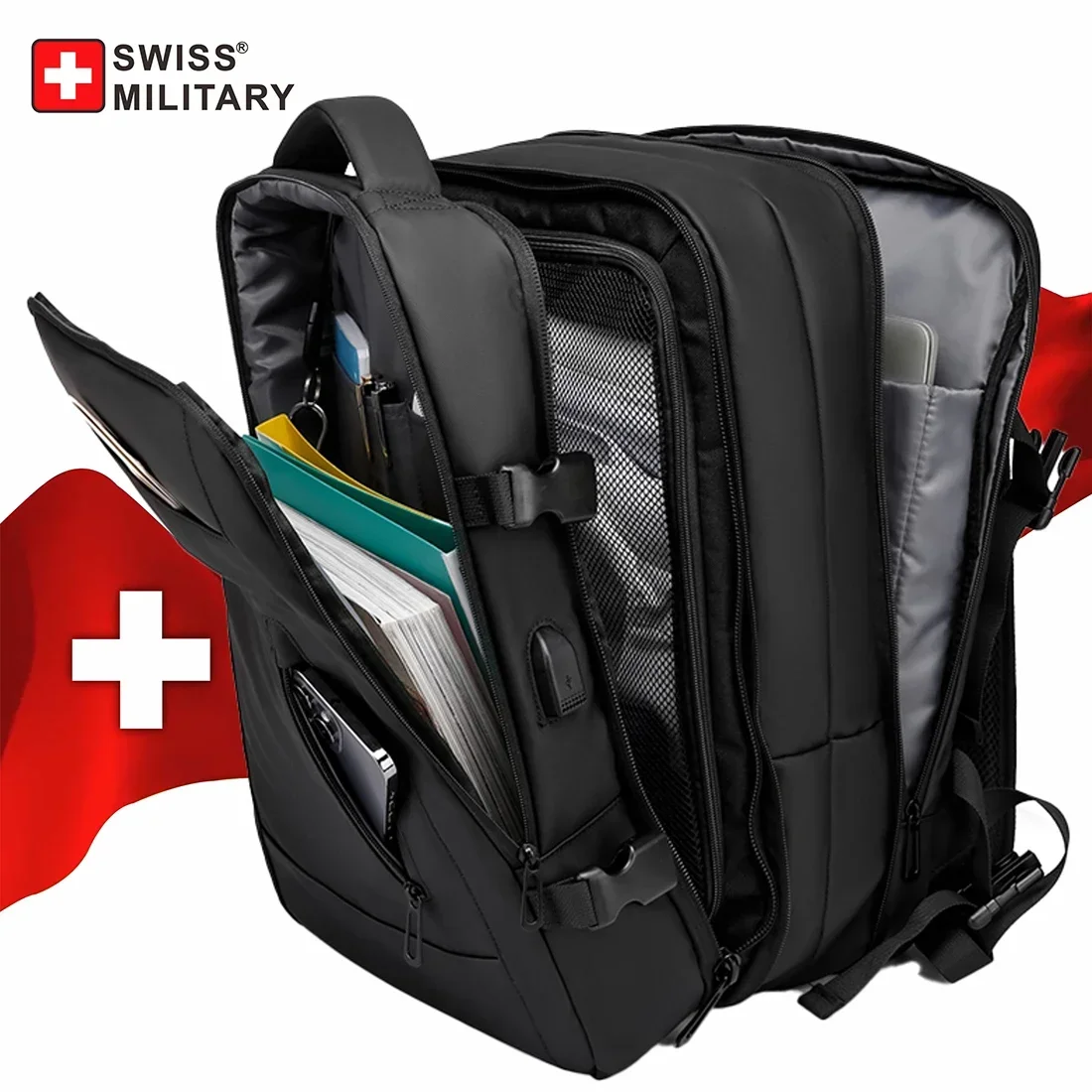 SWISS MILITARY Travel Backpack Men Business Backpack School Expandable USB Bag Large Capacity 15.6 Laptop Waterproof Fashion bag