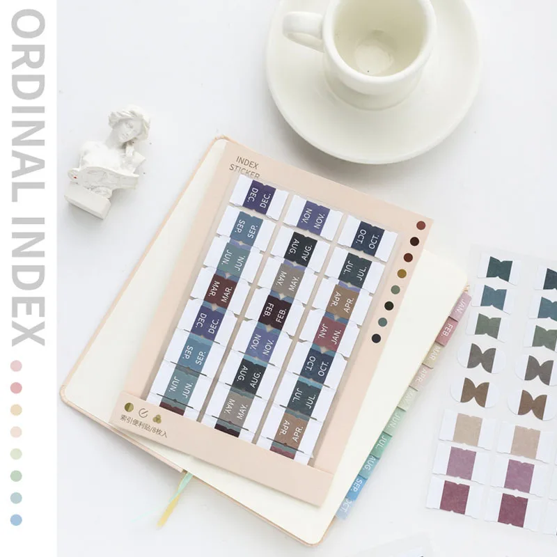 8 Sheets Morandi Color Index Stickers Self Adhesive Categorized Label Tag Marker Paper for Diary Agenda Planner Writable Sticker