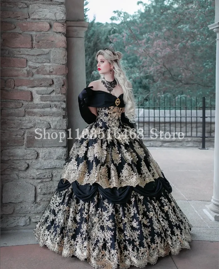 Gaun Prom Victoria antik gaun pengantin bertali Applique renda satu bahu hitam pesta dansa topeng malam Cosplay Halloween