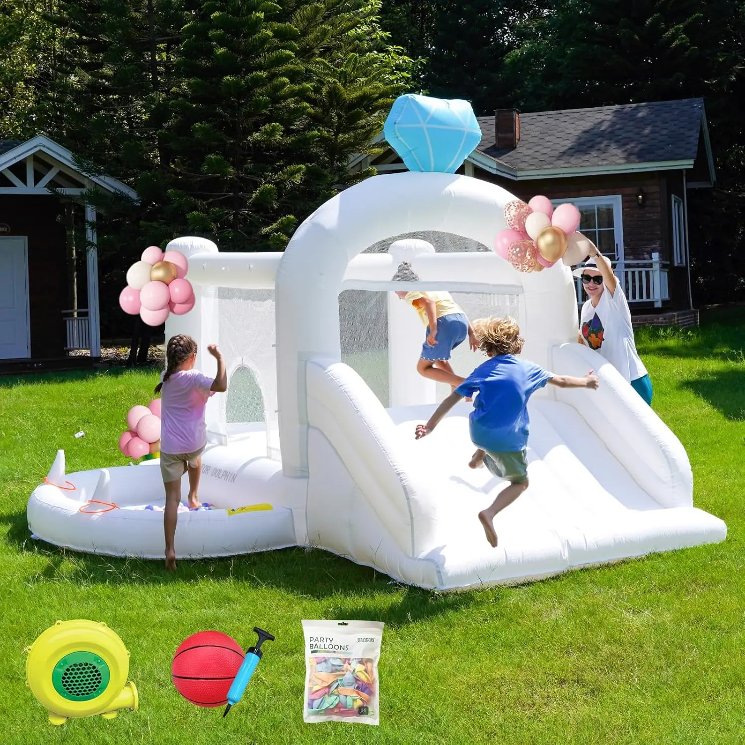 بيت دكتور دولفين القابل للنفخ، منزل نطاط أبيض للأطفال 3-6، منزل قفز قابل للنفخ مع حفر كروية لحفلات الزفاف #1