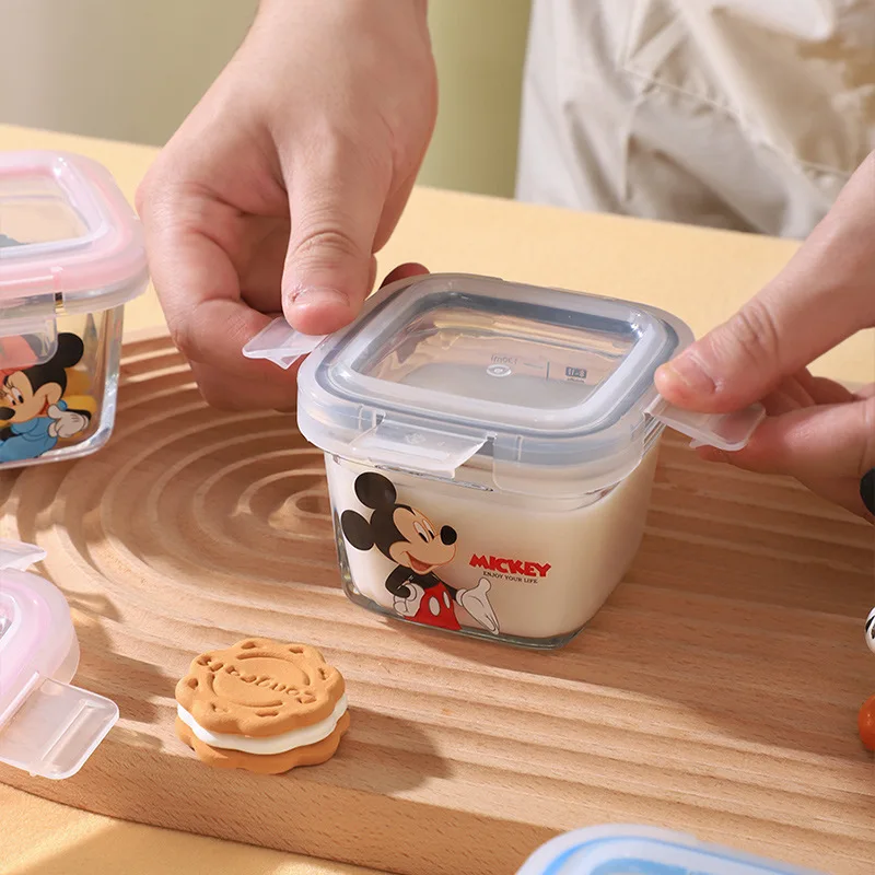 Disney Hot Anime Minnie Mickey Mouse Cartoon Glass Lunch Box With Lid Square Microwave Oven Soup Box Lunch Box 4pcs Gift Box