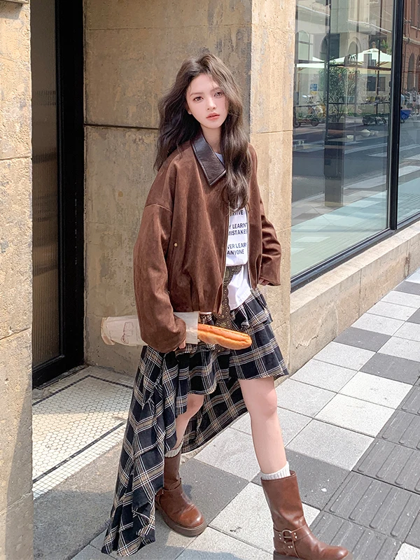 

Женская куртка в стиле ретро, коричневая, на молнии, свободного кроя, универсальная, для ранней весны и осени, новая коллекция, повседневный дизайн