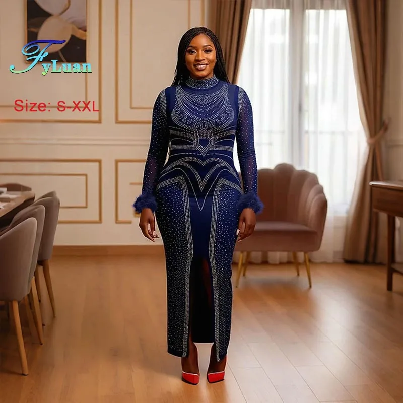 Long Sleeve Gown Women‘s Long Dress Round Neck Hot Diamond Bodycon Dress Hem Split Slim Maxi Dress Lady Elegant Evening Clothes