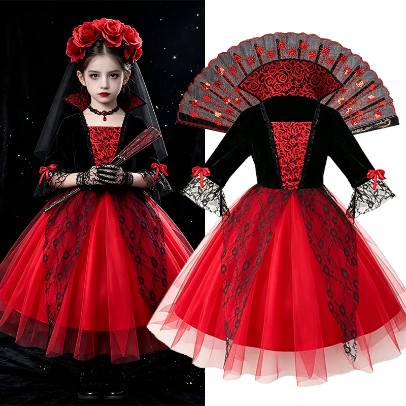 Carnival Halloween Cosplay Costume for Little Girls Gothic Lace Red Black Dress with Full Accessories Kids Theme Party Outfit