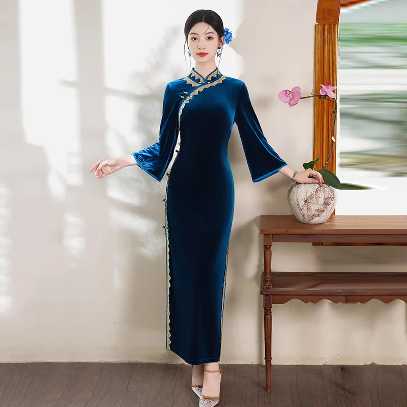 

Винтажное китайское традиционное платье Ципао с длинными рукавами, женское элегантное тонкое платье Cheongsam размера плюс 3XL, вечернее платье