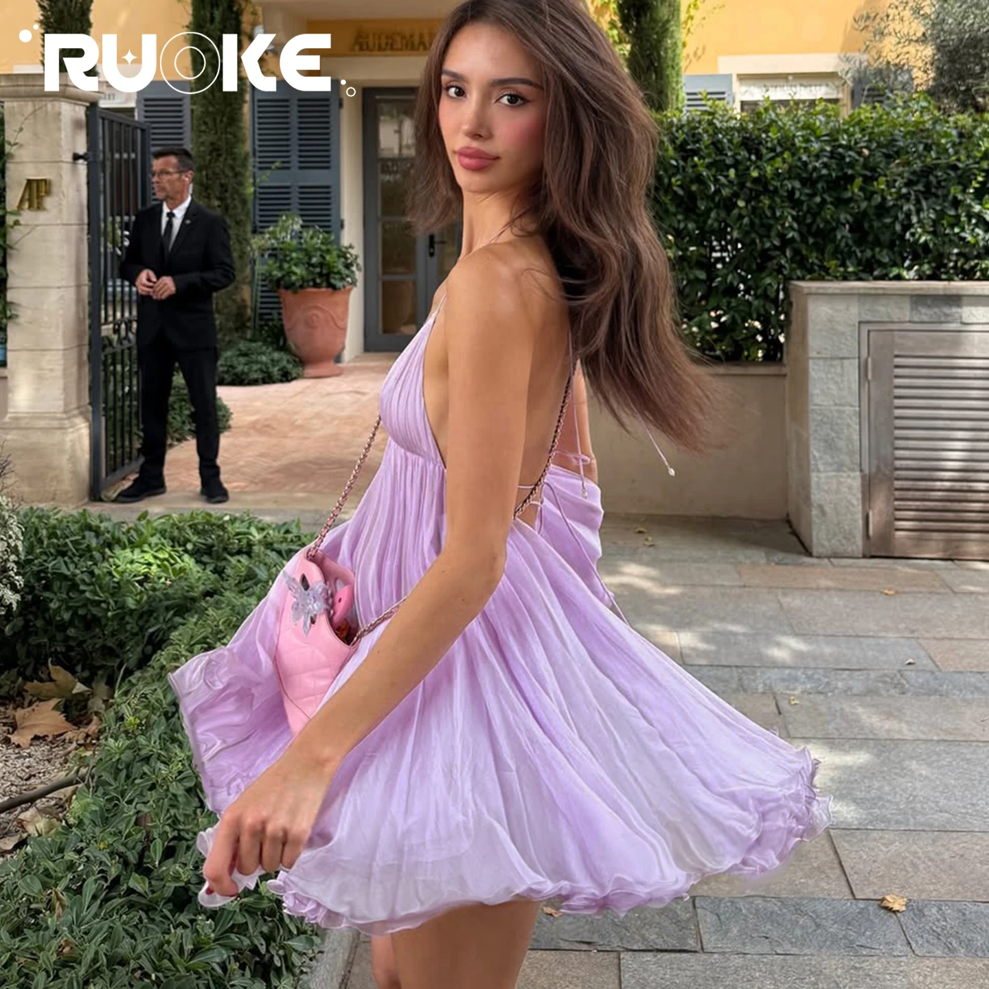 

[RUOKE] Vacation Sweet Dress Women Sexy Halter Deep V-neck A-line Mini Slip Dress Summer Flowy Pleated Sundress Beach Party Date