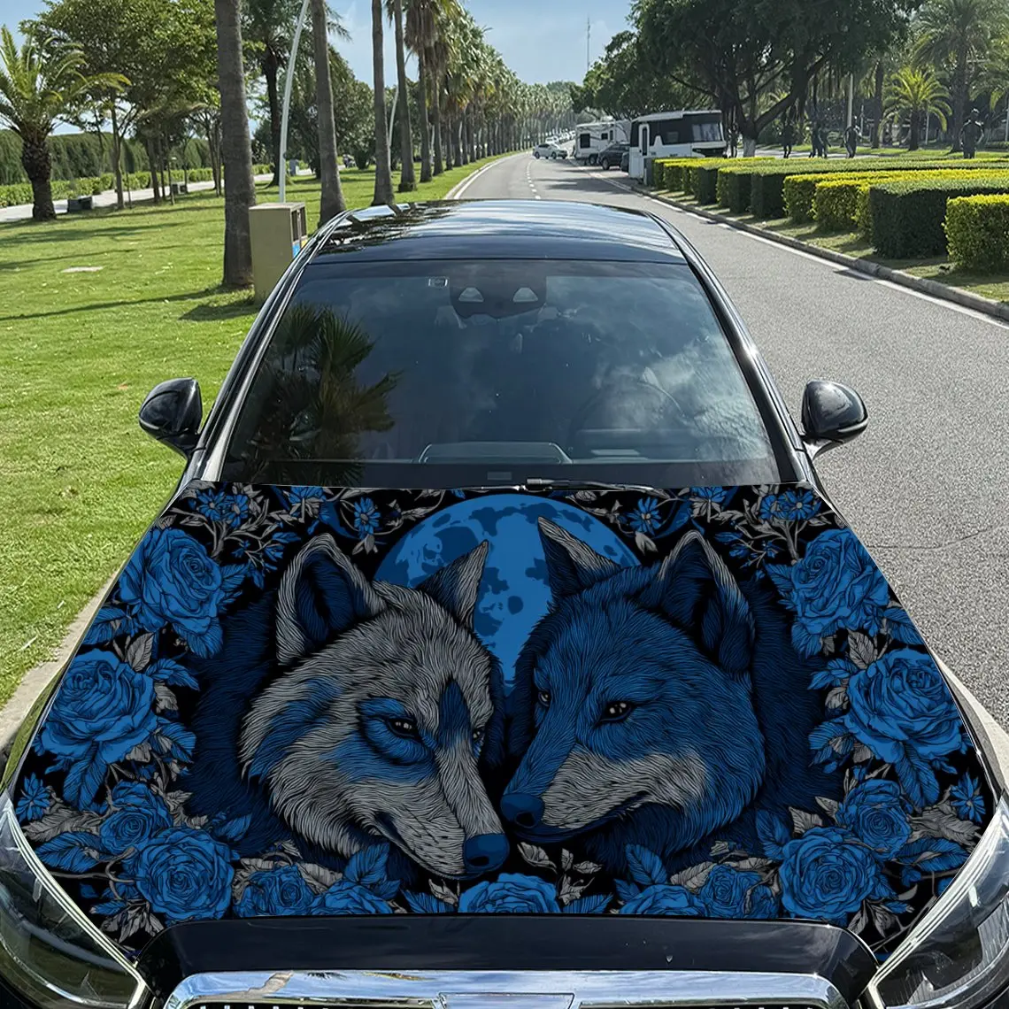 Car Decal Wolves with Blue Floral and Intricate Ornamental Elements in Artistic Background & Mystic-Colorful Visual Details Car