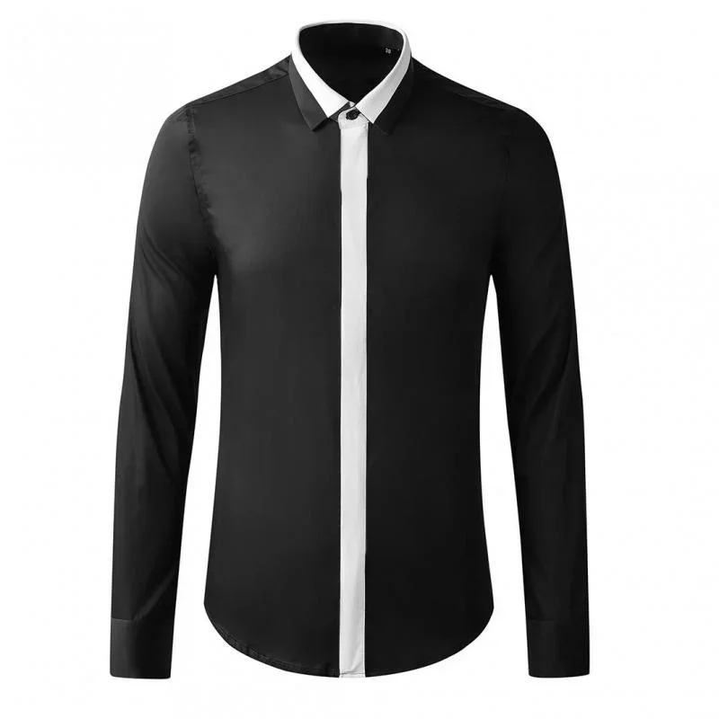 Minglu Black And White Splice Mens Shirts Luxury Long Sleeve Casual Party Mens Dress Shirts 100% Cotton Slim Fit Male Shirts 3XL