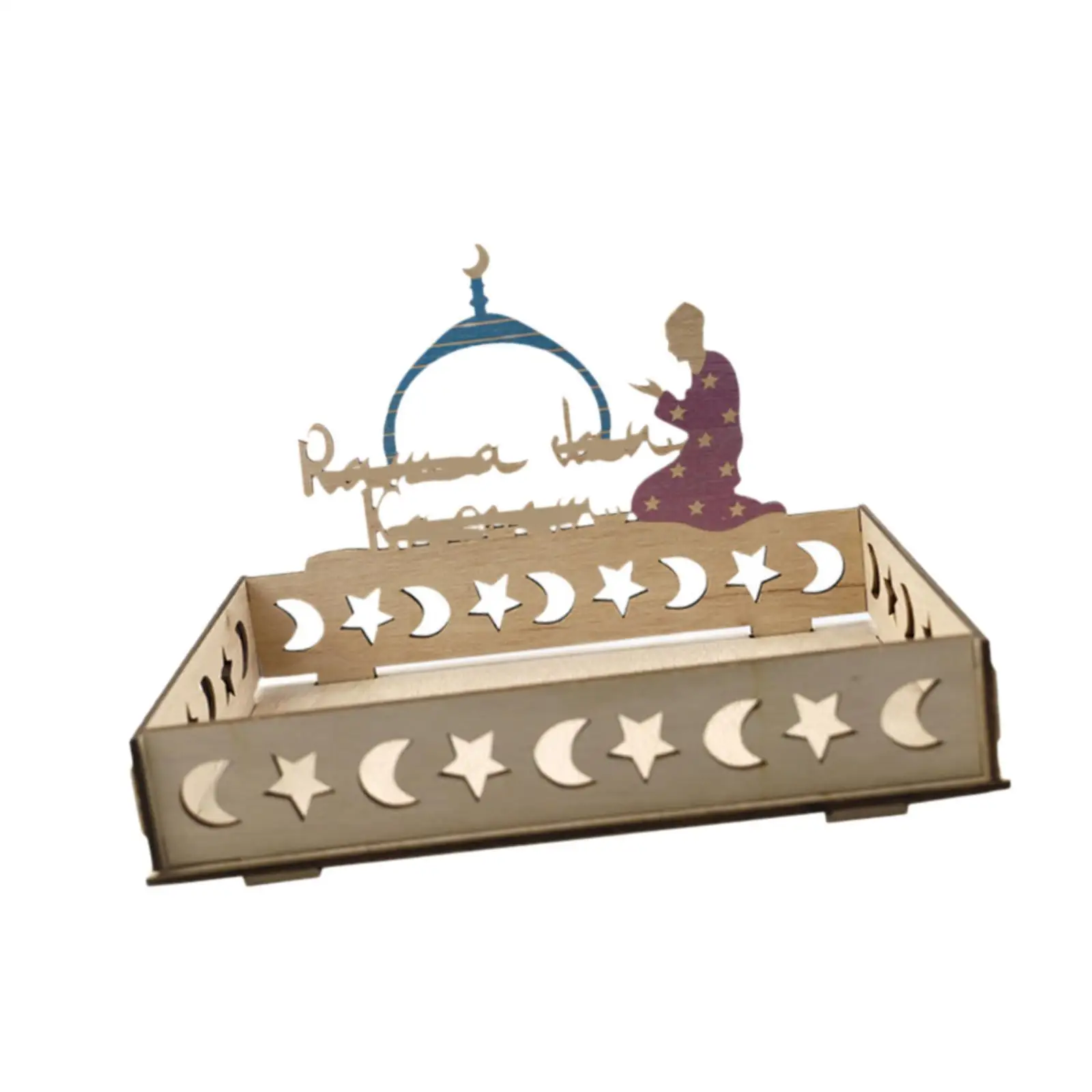 Islamic Moon Star Wooden Tray Rectangle Cake Plate for Cupcake Pastry Table Serving During Eid Ramadan