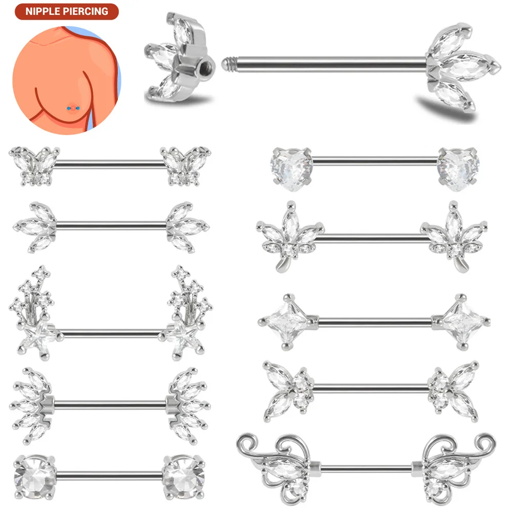 

1pair Nipple Piercing Stainless Steel Nipple Rings CZ Butterfly Heart Nipple Barbell For Women Girls 16G Body Piercing Jewelry