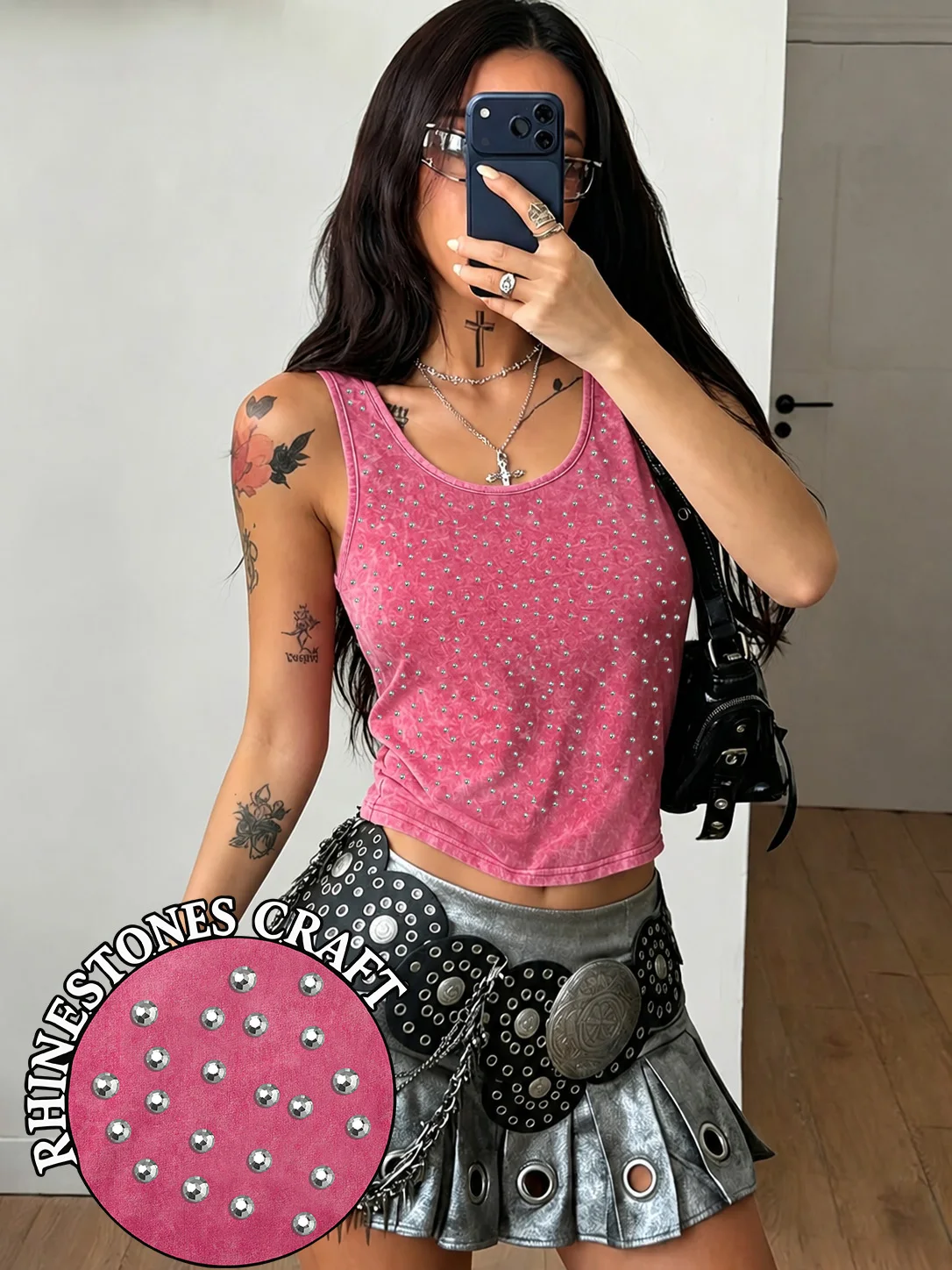 Solid Color Rhinestone Craft Womens Washed Slim Camisole Fitness Cotton Singlet Casual Sportswear Y2K Hip Hop Sleeveless Tops