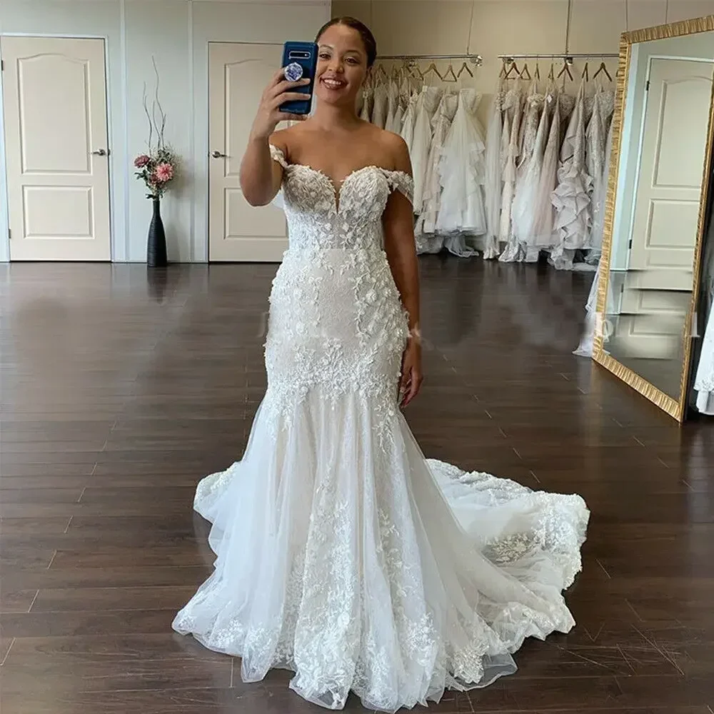 فستان زفاف حورية البحر مزين بالدانتيل على شكل قلب مخصص سويب تراين فيستدوس دي نوفيا قبالة الكتف فستان زفاف عتيق #2