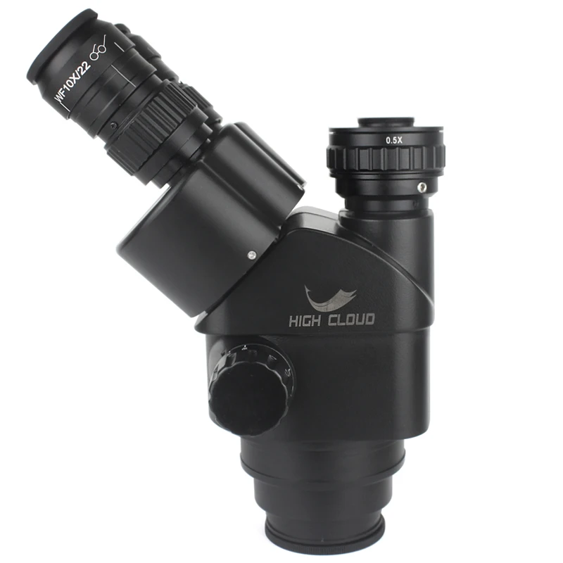 Tête de microscope stéréo zoom trinoculaire 7X-45X avec objectif auxiliaire 0.5x 2.0x et caméra C-mount 0.5X