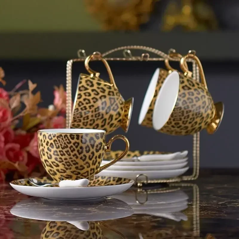 Leopard Print Bone China Coffee Set Luxury Porcelain Tea Set Pot Cup Ceramic Mug Sugar Bowl Creamer Teatime Teapot Coffeeware