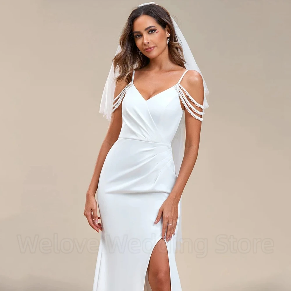 Abito da sposa Chic con spalline sottili al largo della spalla con perle Sexy spacco laterale con scollo a v pieghe a sirena lunghezza del pavimento abiti senza schienale