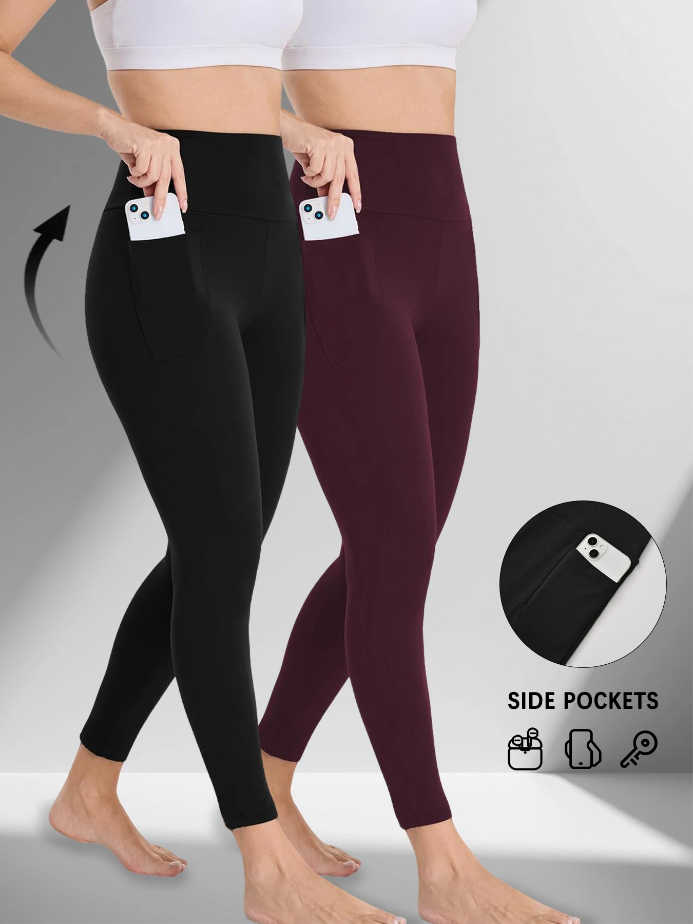 

Комплект из двух женских леггинсов с высокой талией и карманами — супермягкий контроль живота для занятий йогой и ежедневных домашних мероприятий