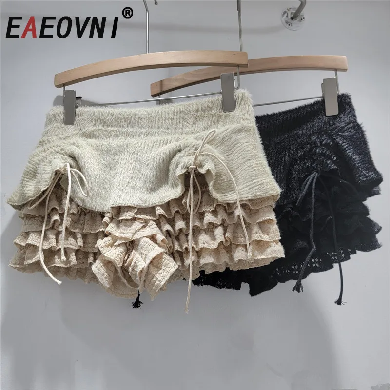 

EAEOVNI Fashion Plush Patchwork Shorts For Women Streetwear Ruffles Spliced Drawstring Design Pants Casual 2026 Spring New