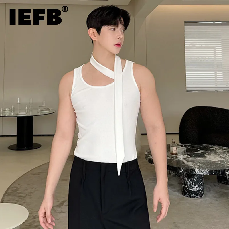 IEFB Niche Men's Casual Tank Tops Slim Sleeveless O-neck Solid Color Male Top New Chic Summer Neck Ribbon Desig 2024 9C6196