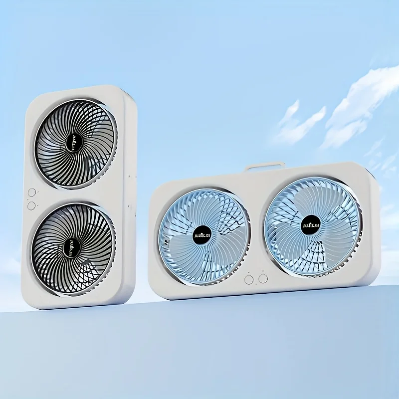 Ventilateur USB double tête, pales rotatives à 360 °, support mural ou conception autoportante, ventilateur rechargeable pour bureau, chambre à coucher, camping en plein air