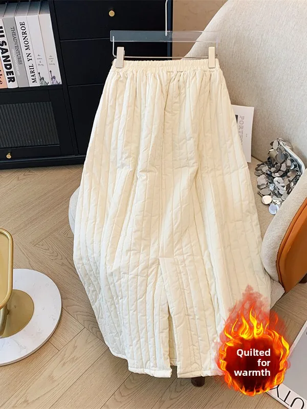 보온 퀼팅 코튼 스커트 A라인 롱 스커트 슬림 사이드 슬릿 단색 세로 스트라이프 플러스 사이즈 여성 스커트