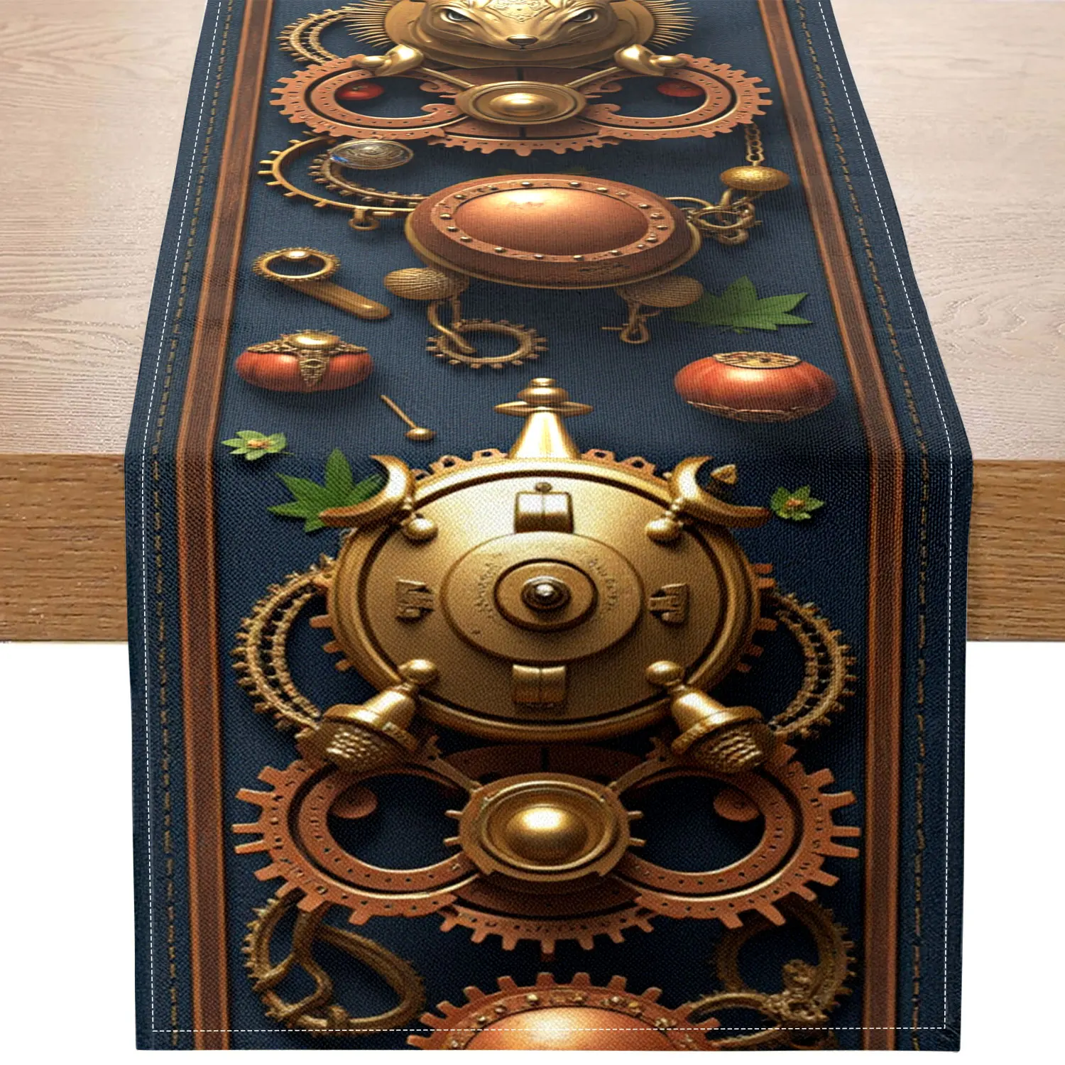

1 Steampunk-Themed Table Runner Featuring Gear Wheels, Metal Beast Heads, and Mechanical Component Patterns, Suitable for Sci-Fi Parties and Vintage Bars.