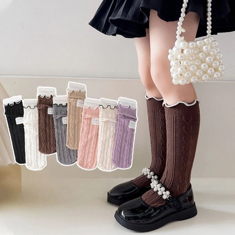 

Длинные носки для девочек на весну и осень, гольфы в стиле принцессы с оборками, однотонные белые сетчатые носки для девочек, хлопковые чулки, носки до бедра
