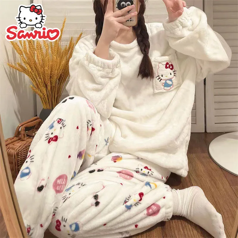 Sanrio Hello Kitty Women Pajamas Winter Long Sleeved Thickened Cartoon Cute Kawaii Two-piece Pajamas Girl Warm Household Clothes