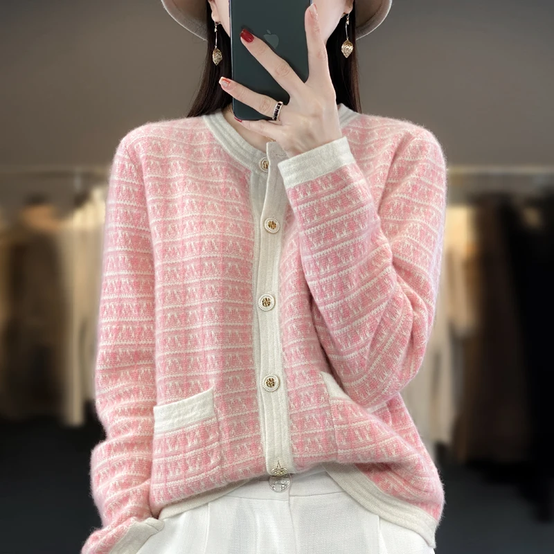 Frseucag-女性用ラウンドネックニットセーター、カーディガン、コート、100% オーストラリアウール、ファッショナブル、新しい、秋と冬