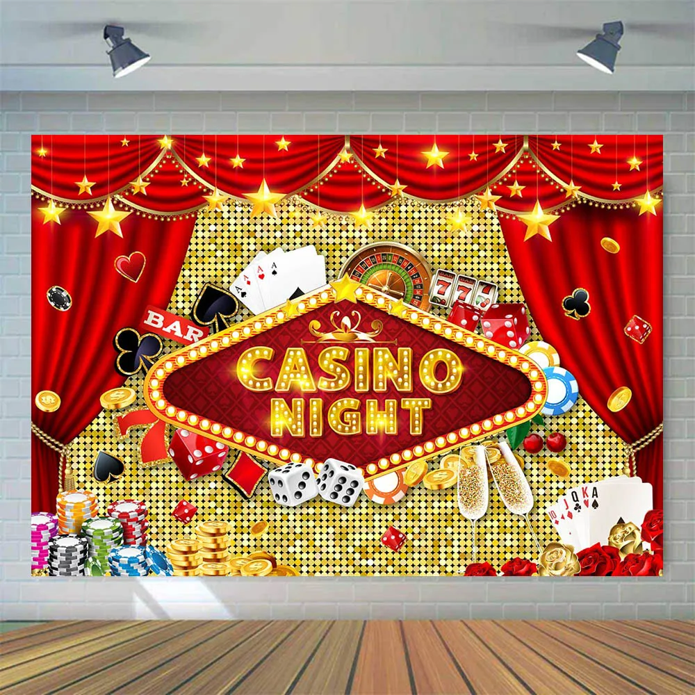 Mocsicka คาสิโนกลางคืนฉากหลังถ่ายภาพติดผนังเลื่อมสีทองสีแดงลูกเต๋าโป๊กเกอร์สำหรับผู้ใหญ่วันเกิดรูปภาพปาร์ตี้