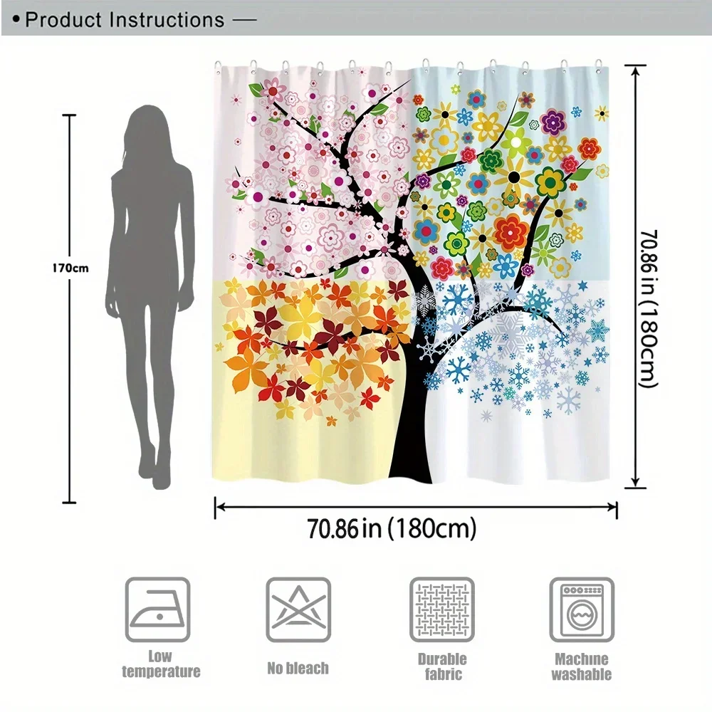 Zasłona prysznicowa z motywem czterech pór roku - wzory od wiosny do zimy, 12 haczyków, poliester nadający się do prania, abstrakcyjny kwiatowy wystrój łazienki
