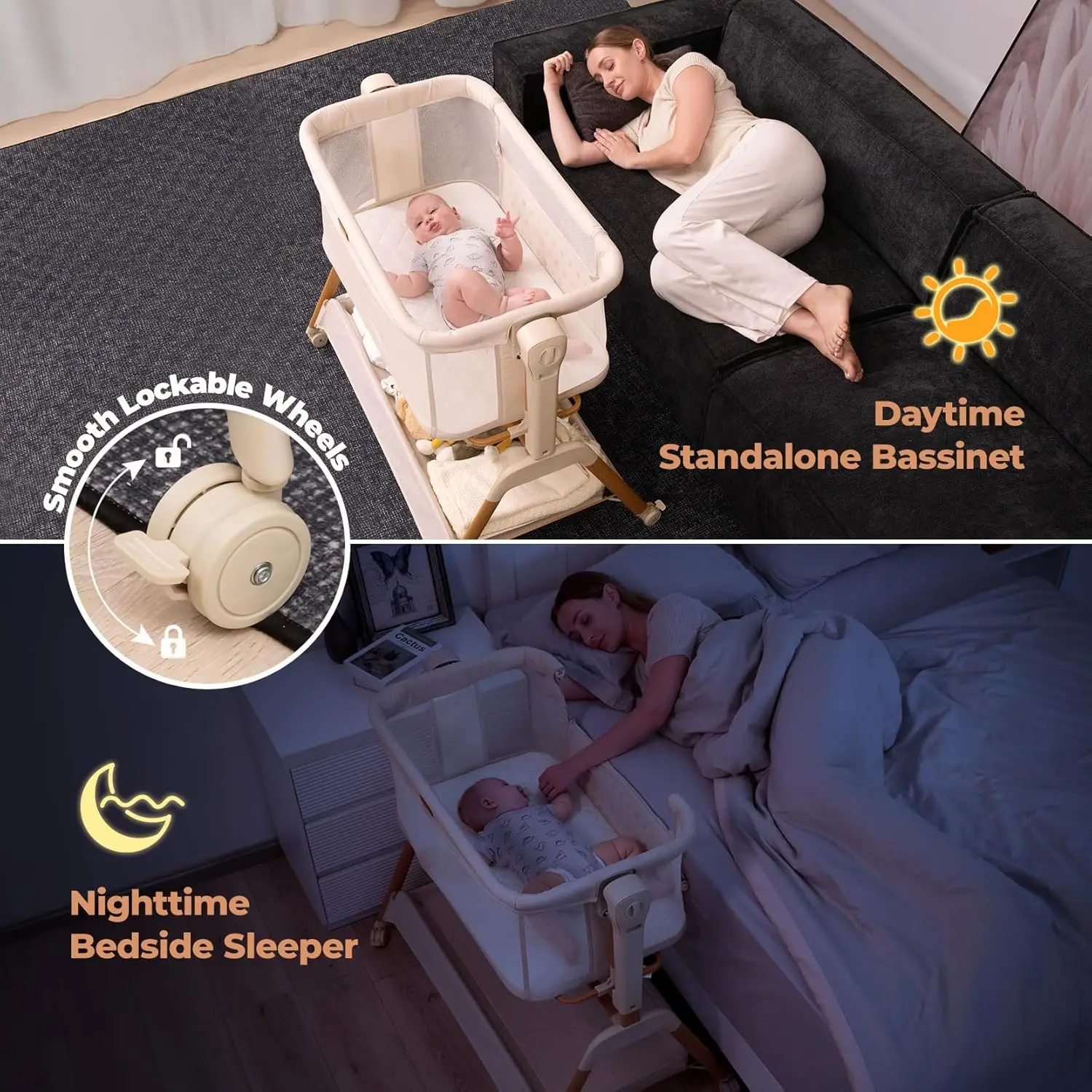 Ezebaby Baby Bassinet Bedside Sleeper: 3-in-1 Rocking Bassinet for Baby - Breathable Full-Mesh Crib with Mattress | 6 Height Adj
