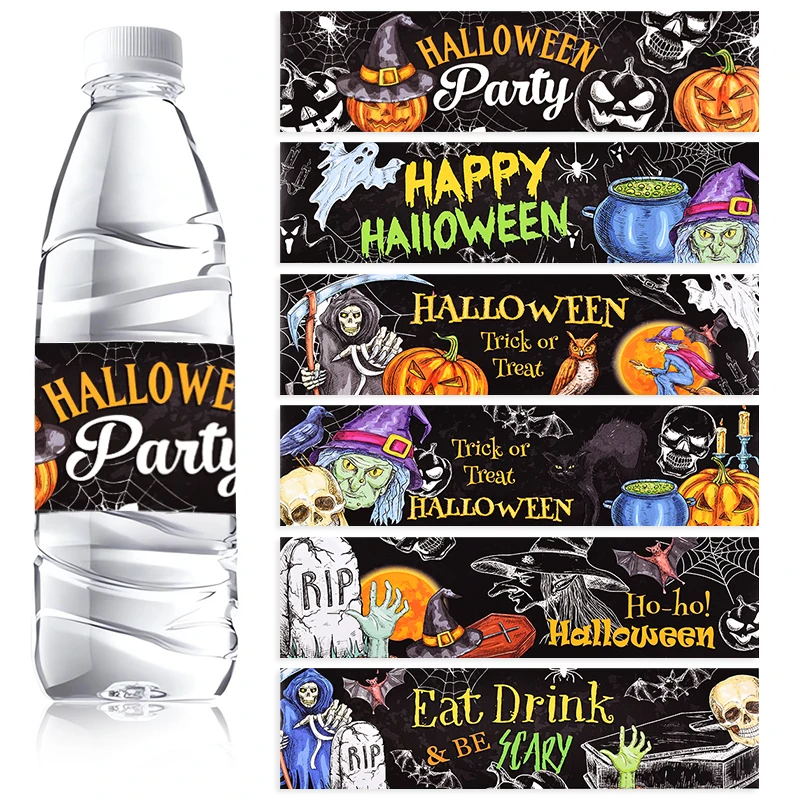 8/12Pcs Halloween Water Bottle Stickers Label Paper Pumpkin Ghost Vampire Bottle Wraps Self-adhesive Party Halloween Decoration