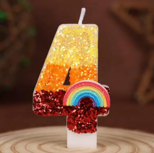 1 STÜCK Geburtstagszahl 0-9 Kerzen Regenbogenthema Geburtstagskerzen für Kuchen Rosa Grüne Ziffer Kerze Kuchendeckel mit Pailletten – Detail 9