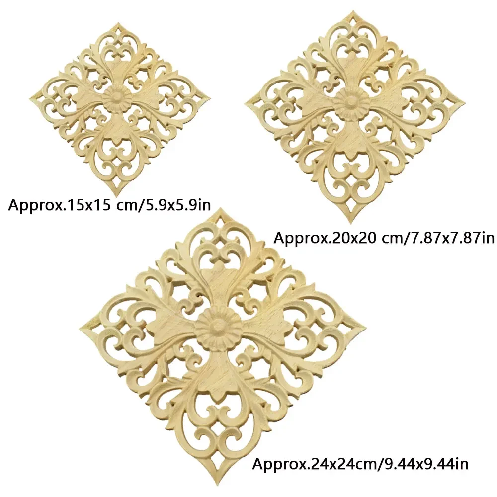 4pcs Wood Carved Square Shape Flower Decal Unpainted Onlay Applique Furniture Home Door Cupboard Dresser Cabinet Decor