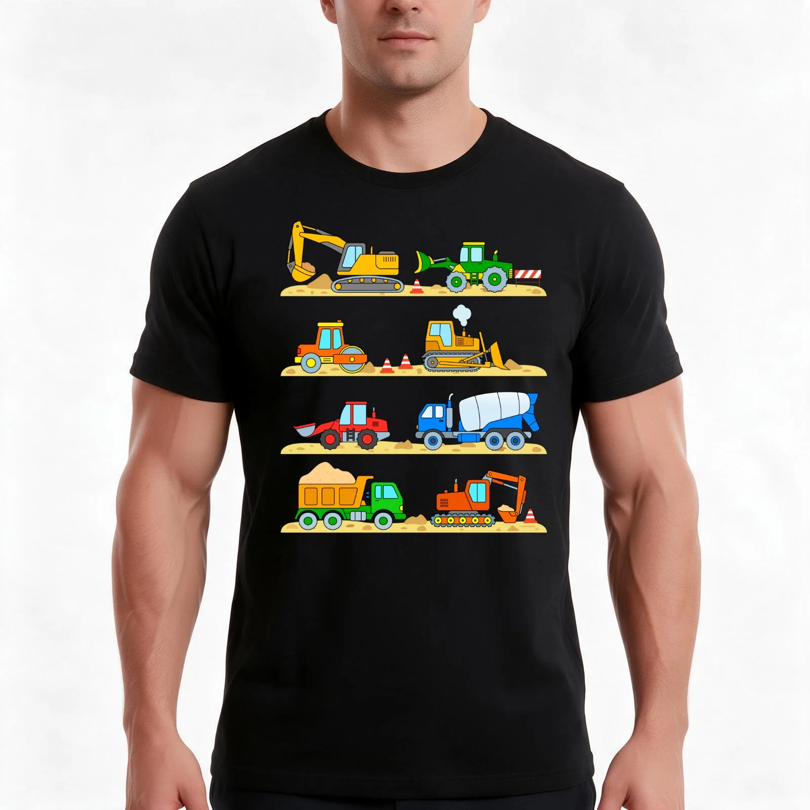 Construction Digger Dump Truck Bulldozer Concrete Mixer T-Shirt, Summer Casual Cotton Tee, Oversized Streetwear Tops