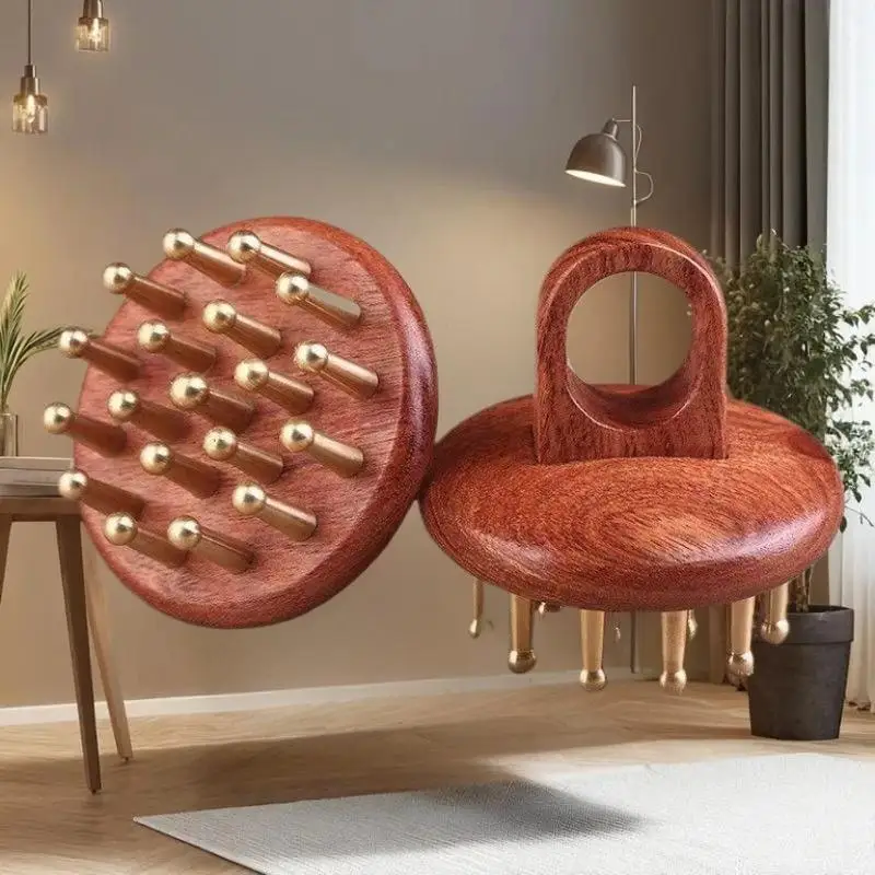 Copper Sandalwood Head Meridians Massage Comb Fine Tooth Scalp Needling Guasha Relax Body Massager Brush for Stress Relief