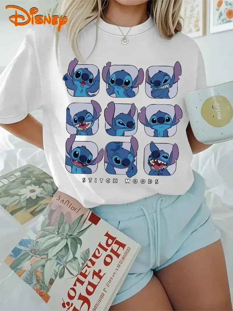 

Women's Disney Happy Stitch mood T Shirt Men Cotton Tee O-Neck Casual Oversized Streetwear Short Sleeve O-Neck Top Loose Unisex