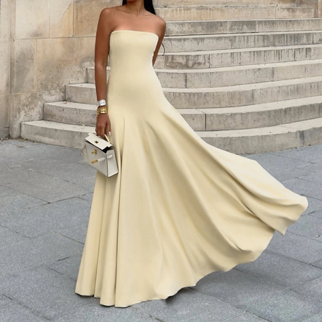 Vestido acampanado de lino ligero para mujer, vestido Midi informal liso con bolsillos, sin tirantes, largo, moda de vacaciones para mujer 2025