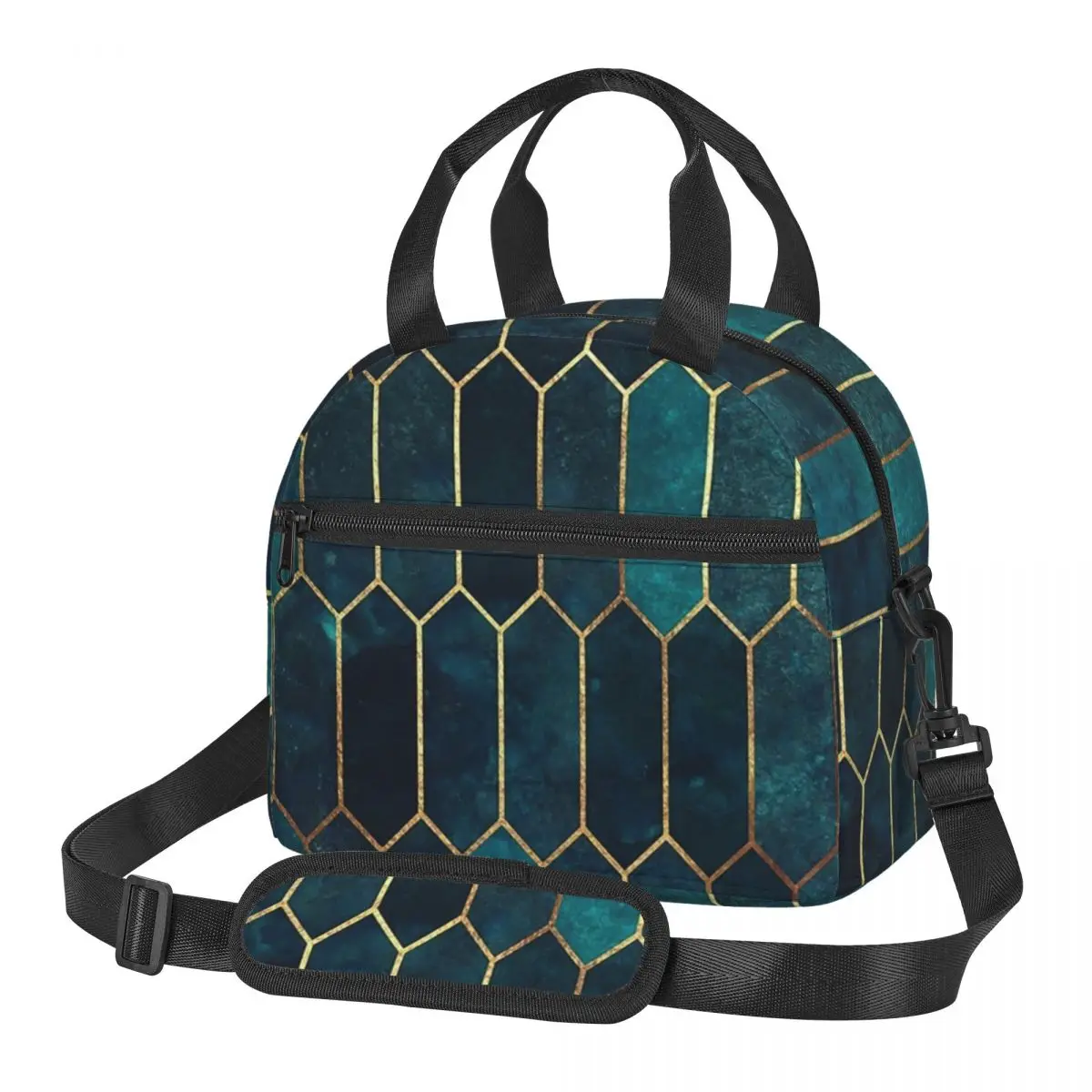 Deep Teal And Blue Gold Lunch Bags Insulated Bento Box Leakproof Lunch Tote Picnic Bags Thermal Bag for Woman Work